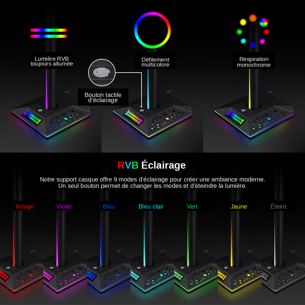 Support casque gaming RGB avec éclairage ambiant et double port USB