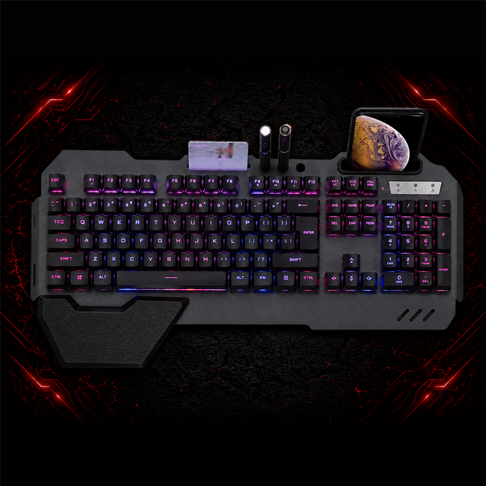Clavier gaming filaire ergonomique RGB avec support téléphone